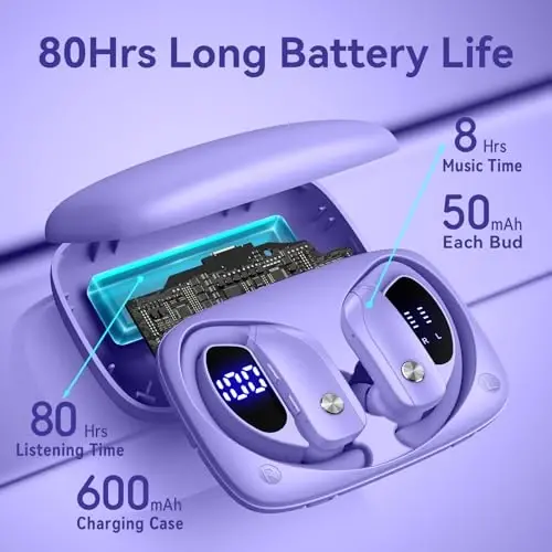 bmani Беспроводные наушники Bluetooth-наушники 48 часов воспроизведения спортивные наушники с LED-дисплеем наушники с дужками для ушей встроенный микрофон гарнитура для тренировок фиолетовый 