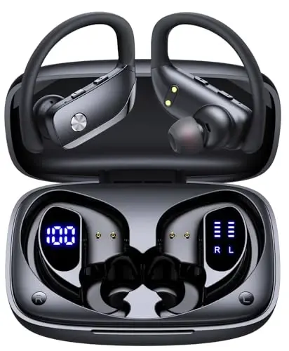 bmani Ear Buds Wireless Earbuds Bluetooth Headphones with 80H Playtime LED Display Case, Over-Ear Hook with Mic, Stereo Sound, Easy Button Controls, Sports Earphones for Running Workout Gym Black - 1