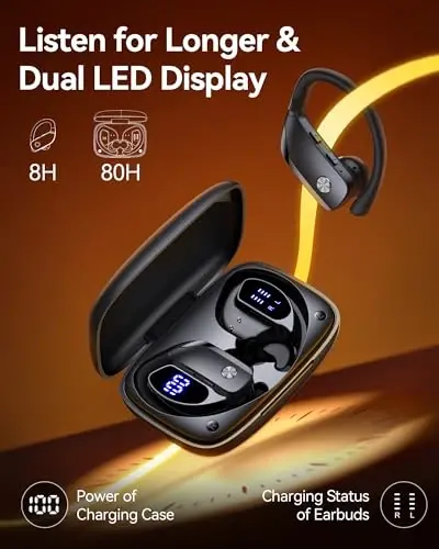 bmani Ear Buds Wireless Earbuds Bluetooth Headphones with 80H Playtime LED Display Case, Over-Ear Hook with Mic, Stereo Sound, Easy Button Controls, Sports Earphones for Running Workout Gym Black - 5