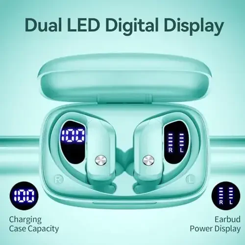 bmani Ear Buds Wireless Earbuds Bluetooth Headphones with 80H Playtime LED Display Case, Over-Ear Hook with Mic, Stereo Sound, Easy Button Controls, Sports Earphones for Running Workout Gym Mint Green - 3