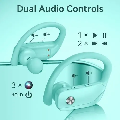 bmani Ear Buds Wireless Earbuds Bluetooth Headphones with 80H Playtime LED Display Case, Over-Ear Hook with Mic, Stereo Sound, Easy Button Controls, Sports Earphones for Running Workout Gym Mint Green - 4