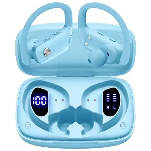 bmani Ear Buds Wireless Earbuds Bluetooth Headphones with 80H Playtime LED Display Case, Over-Ear Hook with Mic, Stereo Sound, Easy Button Controls, Sports Earphones for Running Workout Sky Blue 