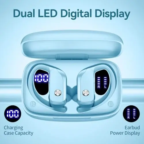 bmani Ear Buds Wireless Earbuds Bluetooth Headphones with 80H Playtime LED Display Case, Over-Ear Hook with Mic, Stereo Sound, Easy Button Controls, Sports Earphones for Running Workout Sky Blue - 3