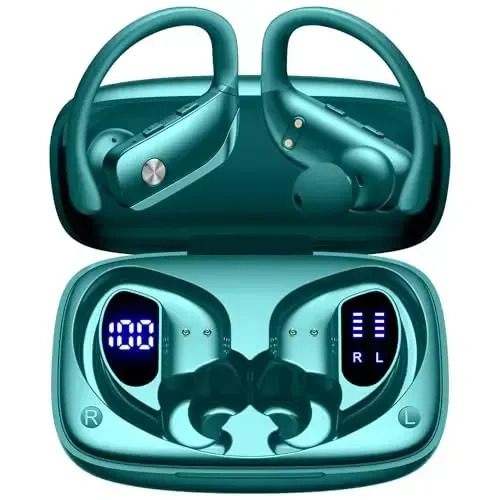 bmani Ear Buds Wireless Earbuds Bluetooth Headphones with 80H Playtime LED Display Case, Over-Ear Hook with Mic, Stereo Sound, Easy Button Controls, Sports Earphones for Running Workout Gym Green - 2