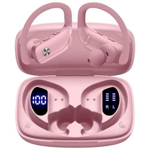 bmani Ear Buds Wireless Earbuds Bluetooth Headphones with 80H Playtime LED Display Case, Over-Ear Hook with Mic, Stereo Sound, Easy Button Controls, Sports Earphones for Running Workout Gym Pink - 1