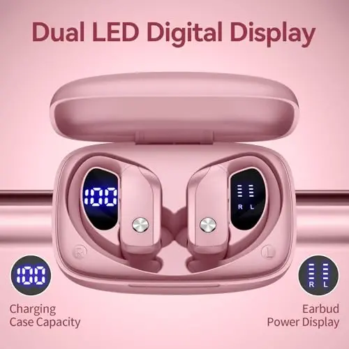 bmani Ear Buds Wireless Earbuds Bluetooth Headphones with 80H Playtime LED Display Case, Over-Ear Hook with Mic, Stereo Sound, Easy Button Controls, Sports Earphones for Running Workout Gym Pink - 2