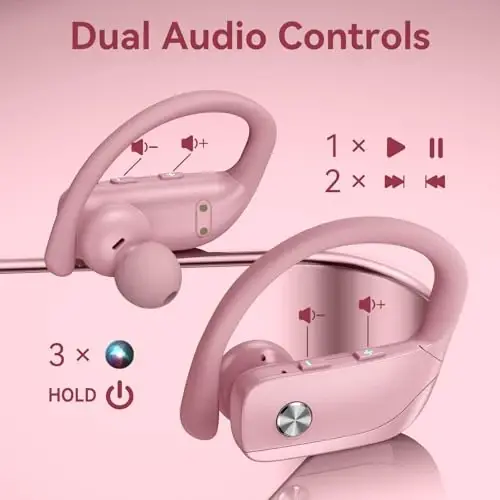 bmani Ear Buds Wireless Earbuds Bluetooth Headphones with 80H Playtime LED Display Case, Over-Ear Hook with Mic, Stereo Sound, Easy Button Controls, Sports Earphones for Running Workout Gym Pink - 3