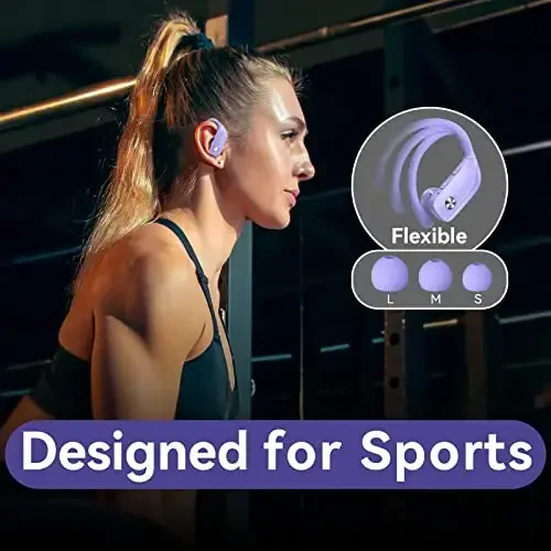 bmani Ear Buds Wireless Earbuds Bluetooth Headphones with 80H Playtime LED Display Case, Over-Ear Hook with Mic, Stereo Sound, Easy Button Controls, Sports Earphones for Running Workout Gym Purple - 2