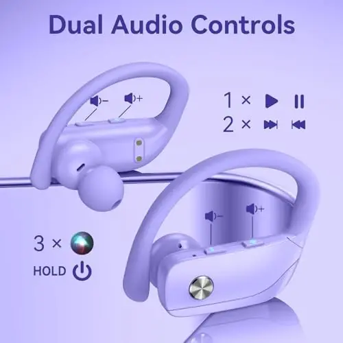 bmani Ear Buds Wireless Earbuds Bluetooth Headphones with 80H Playtime LED Display Case, Over-Ear Hook with Mic, Stereo Sound, Easy Button Controls, Sports Earphones for Running Workout Gym Purple - 5