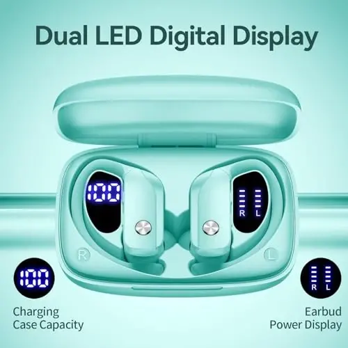 bmani Ear Buds Wireless Earbuds Bluetooth Headphones with 80H Playtime LED Display Case, Over-Ear Hook with Mic, Stereo Sound, Easy Button Controls, Sports Earphones for Running Workout Gym Mint Green - 3