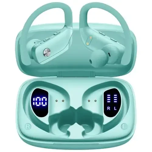 bmani Ear Buds Wireless Earbuds Bluetooth Headphones with 80H Playtime LED Display Case, Over-Ear Hook with Mic, Stereo Sound, Easy Button Controls, Sports Earphones for Running Workout Gym Mint Green - 1