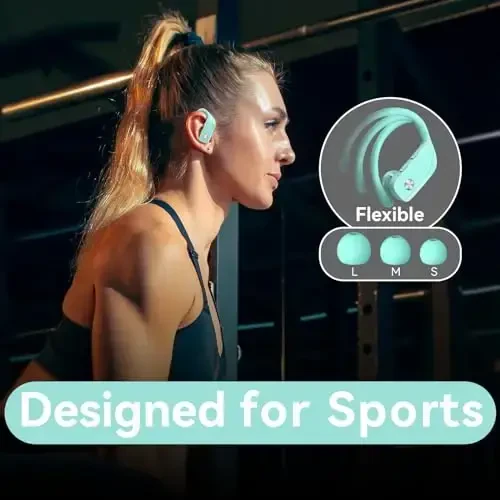 bmani Ear Buds Wireless Earbuds Bluetooth Headphones with 80H Playtime LED Display Case, Over-Ear Hook with Mic, Stereo Sound, Easy Button Controls, Sports Earphones for Running Workout Gym Mint Green - 5