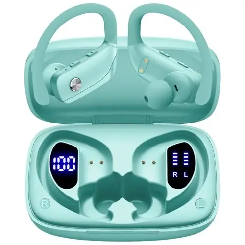 bmani Ear Buds Wireless Earbuds Bluetooth Headphones with 80H Playtime LED Display Case, Over-Ear Hook with Mic, Stereo Sound, Easy Button Controls, Sports Earphones for Running Workout Gym Mint Green 