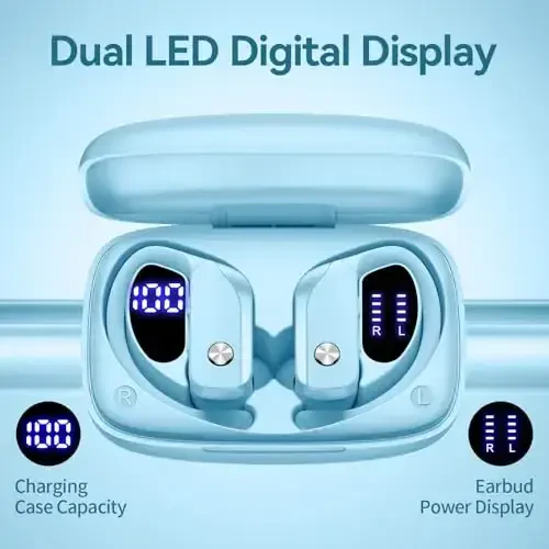 bmani Ear Buds Wireless Earbuds Bluetooth Headphones with 80H Playtime LED Display Case, Over-Ear Hook with Mic, Stereo Sound, Easy Button Controls, Sports Earphones for Running Workout Sky Blue - 3