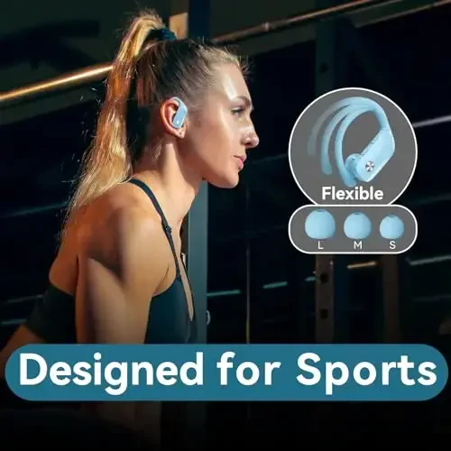 bmani Ear Buds Wireless Earbuds Bluetooth Headphones with 80H Playtime LED Display Case, Over-Ear Hook with Mic, Stereo Sound, Easy Button Controls, Sports Earphones for Running Workout Sky Blue - 5