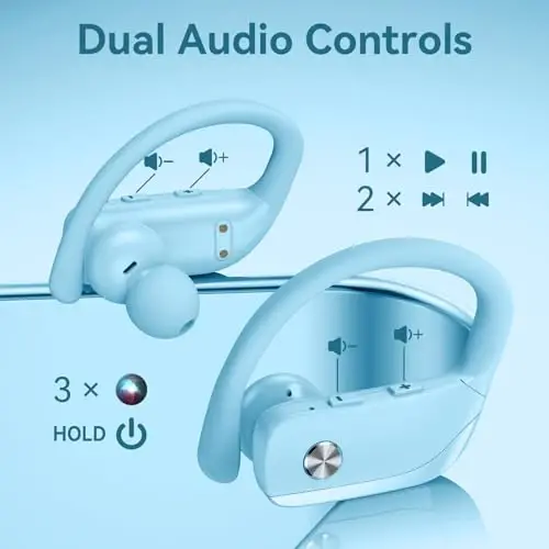 bmani Ear Buds Wireless Earbuds Bluetooth Headphones with 80H Playtime LED Display Case, Over-Ear Hook with Mic, Stereo Sound, Easy Button Controls, Sports Earphones for Running Workout Sky Blue - 4