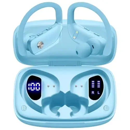 bmani Ear Buds Wireless Earbuds Bluetooth Headphones with 80H Playtime LED Display Case, Over-Ear Hook with Mic, Stereo Sound, Easy Button Controls, Sports Earphones for Running Workout Sky Blue - BMANI