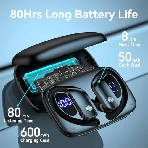 bmani Simsiz Quloqchinlar Bluetooth Quloqchinlar 48 soat O'ynash Sport Quloqchinlari LED Ekranli Quloq Usti Quloqchinlari Quloq Ilgaklari bilan O'rnatilgan Mikrofonli Garniatura Mashq Uchun Qora - BMANI