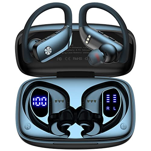 bmani Wireless Earbuds Bluetooth Headphones 48hrs Play Back Sport Earphones with LED Display Over-Ear Buds with Earhooks Built-in Mic Headset for Workout Black - 1