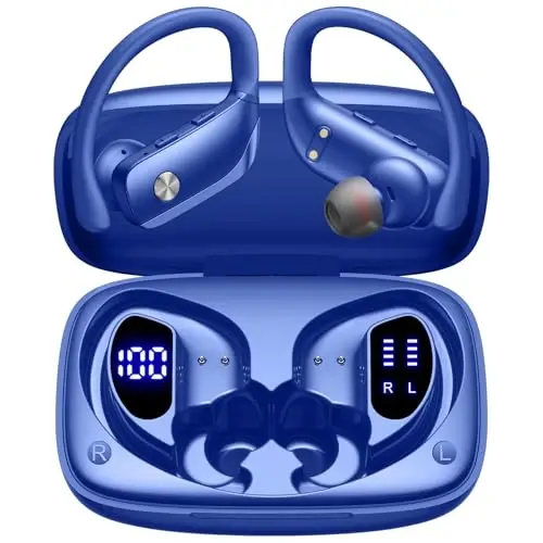 bmani Wireless Earbuds Bluetooth Headphones 48hrs Play Back Sport Earphones with LED Display Over-Ear Buds with Earhooks Built-in Mic Headset for Workout Blue - 3