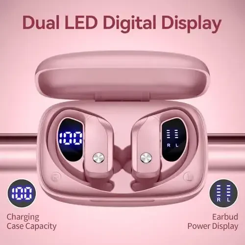 bmani Wireless Earbuds Bluetooth Headphones 48hrs Play Back Sport Earphones with LED Display Over-Ear Buds with Earhooks Built-in Mic Headset for Workout Pink - 3