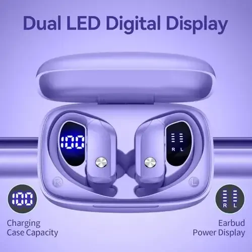 bmani Wireless Earbuds Bluetooth Headphones 48hrs Play Back Sport Earphones with LED Display Over-Ear Buds with Earhooks Built-in Mic Headset for Workout Purple - 5