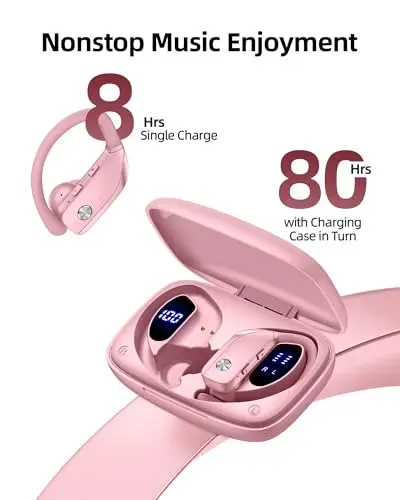 bmanl Беспроводные наушники Bluetooth-наушники 48 часов воспроизведения спортивные наушники с LED-дисплеем наушники-вкладыши с крючками для ушей встроенный микрофон гарнитура для тренировок Розовый - 2