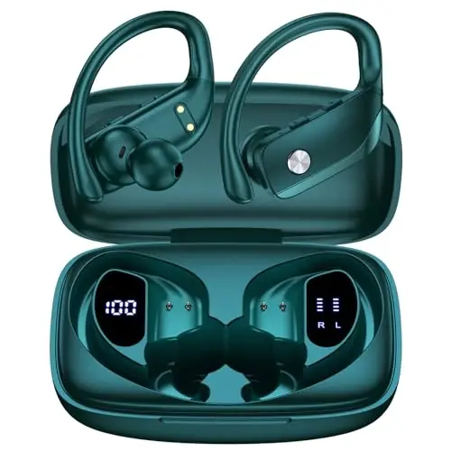 bmanl Wireless Earbuds Bluetooth Headphones 48hrs Play Back Sport Earphones with LED Display Over-Ear Buds with Earhooks Built-in Mic Headset for Workout Green - 2
