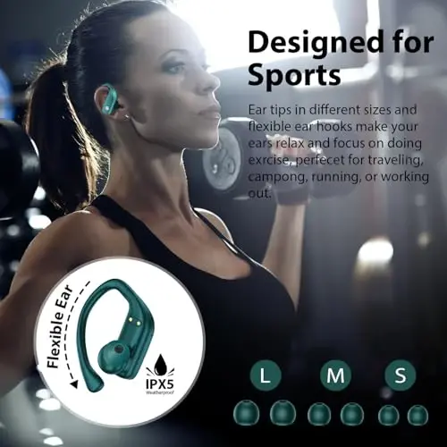 bmanl Wireless Earbuds Bluetooth Headphones 48hrs Play Back Sport Earphones with LED Display Over-Ear Buds with Earhooks Built-in Mic Headset for Workout Green - 6