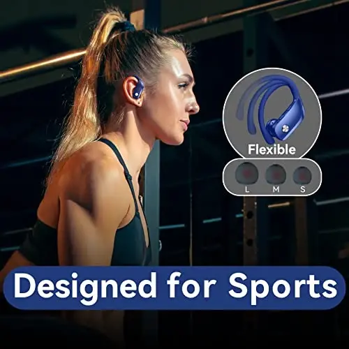 bmani Ear Buds Wireless Earbuds Bluetooth Headphones with 80H Playtime LED Display Case, Over-Ear Hook with Mic, Stereo Sound, Easy Button Controls, Sports Earphones for Running Workout Gym Blue 
