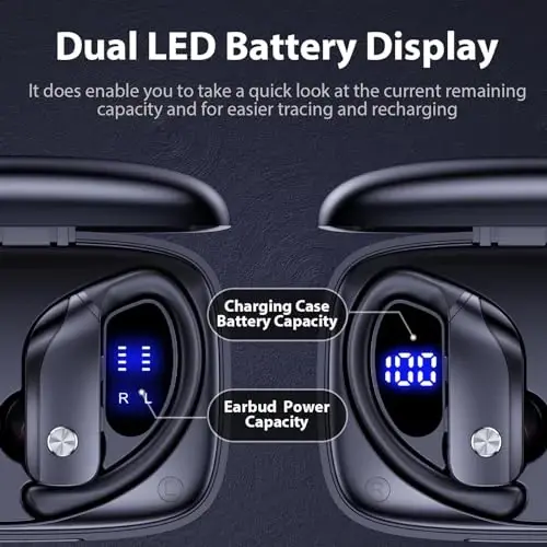 bmanl Wireless Earbuds Bluetooth Headphones 48hrs Play Back Sport Earphones with LED Display Over-Ear Buds with Earhooks Built-in Mic Headset for Workout Black - 1
