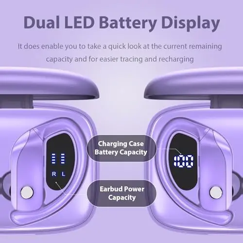 bmanl Wireless Earbuds Bluetooth Headphones 48hrs Play Back Sport Earphones with LED Display Over-Ear Buds with Earhooks Built-in Mic Headset for Workout Purple - 1