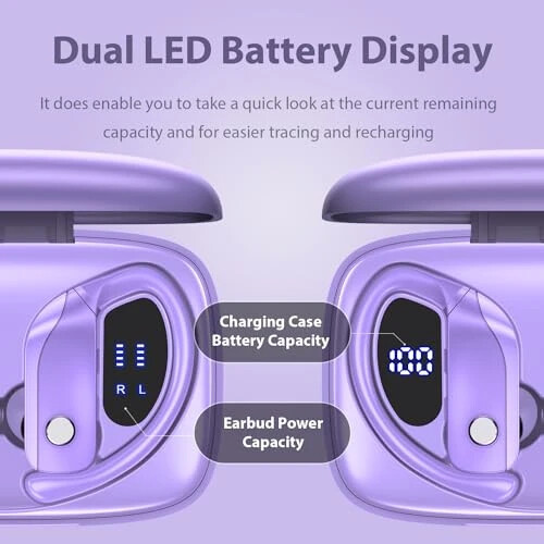 bmanl Wireless Earbuds Bluetooth Headphones 48hrs Play Back Sport Earphones with LED Display Over-Ear Buds with Earhooks Built-in Mic Headset for Workout Purple - bmanl