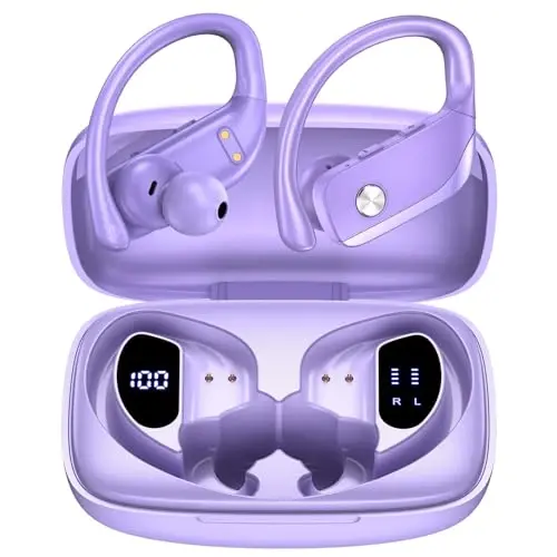 bmanl Wireless Earbuds Bluetooth Headphones 48hrs Play Back Sport Earphones with LED Display Over-Ear Buds with Earhooks Built-in Mic Headset for Workout Purple - 2