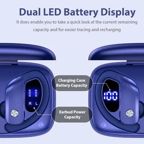 bmanl Simsiz Quloqchinlar Bluetooth Quloqchinlar 48 soat Davom Etish Sport Quloqchinlari LED Displeyli Quloq Usti Quloqchinlari Quloq Ilgaklari O'rnatilgan Mikrofonli Garniтура Mashq Uchun Mo'ljallangan Ko'k - 2