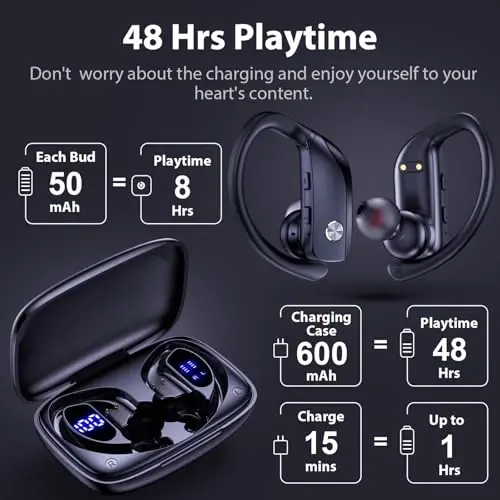 bmanl Simsiz Quloqchinlar Bluetooth Quloqchinlar 48 soat O'ynash Sport Quloqchinlari LED Displeyli Quloq Usti Quloqchinlari Quloq Istag'ichli O'rnatilgan Mikrofonli Quloqchin Mashg'ulot Uchun Qora - 4