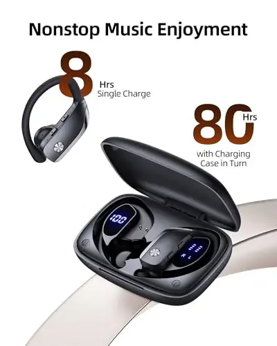bmanl Simsiz Quloqchinlar Bluetooth Quloqchinlar 48 soat O'ynash Sport Quloqchinlari LED Displeyli Quloq Usti Quloqchinlari Quloq Istag'ichli O'rnatilgan Mikrofonli Quloqchin Mashg'ulot Uchun Qora - 2