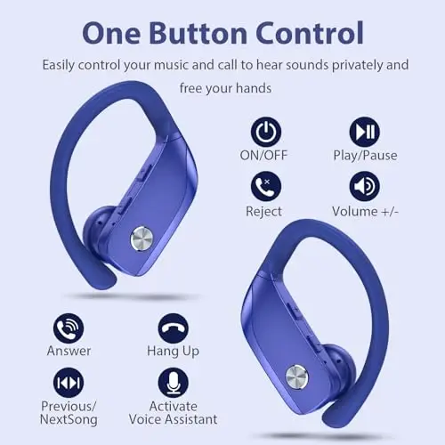 bmanl Wireless Earbuds Bluetooth Headphones 48hrs Play Back Sport Earphones with LED Display Over-Ear Buds with Earhooks Built-in Mic Headset for Workout Blue - 1