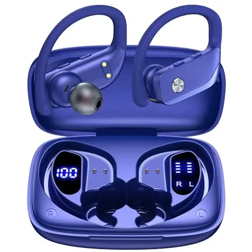 bmanl Wireless Earbuds Bluetooth Headphones 48hrs Play Back Sport Earphones with LED Display Over-Ear Buds with Earhooks Built-in Mic Headset for Workout Blue - 3