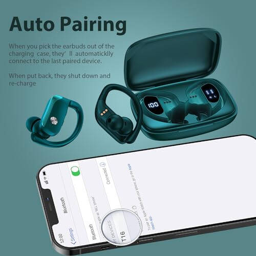 bmanl Wireless Earbuds Bluetooth Headphones 48hrs Play Back Sport Earphones with LED Display Over-Ear Buds with Earhooks Built-in Mic Headset for Workout Green - 5