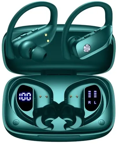 bmanl Wireless Earbuds Bluetooth Headphones 48hrs Play Back Sport Earphones with LED Display Over-Ear Buds with Earhooks Built-in Mic Headset for Workout Green - 1