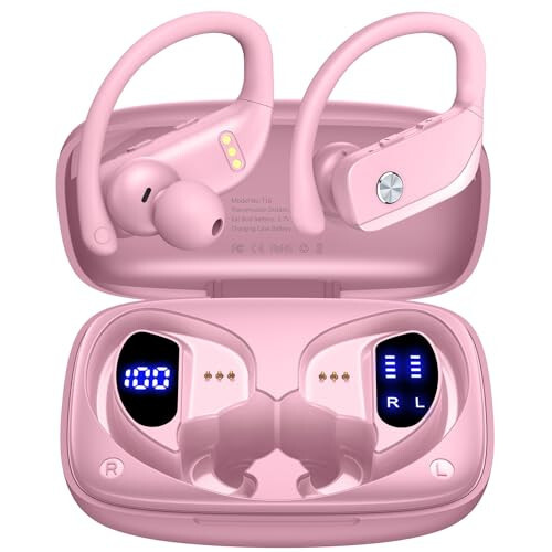 bmanl Wireless Earbuds Bluetooth Headphones 48hrs Play Back Sport Earphones with LED Display Over-Ear Buds with Earhooks Built-in Mic Headset for Workout Pink - 1