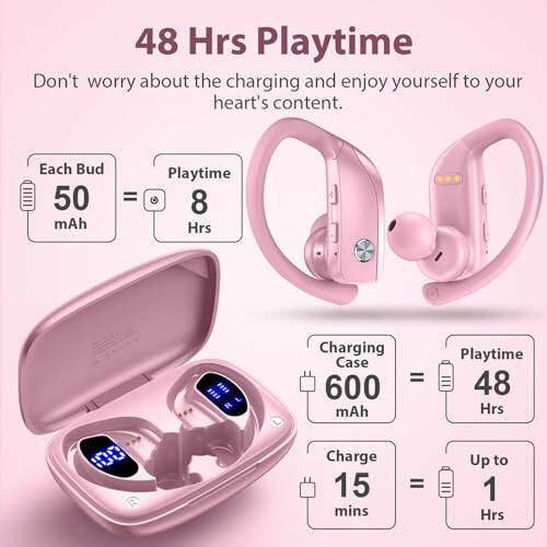 bmanl Wireless Earbuds Bluetooth Headphones 48hrs Play Back Sport Earphones with LED Display Over-Ear Buds with Earhooks Built-in Mic Headset for Workout Pink - 3