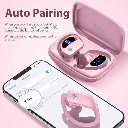 bmanl Wireless Earbuds Bluetooth Headphones 48hrs Play Back Sport Earphones with LED Display Over-Ear Buds with Earhooks Built-in Mic Headset for Workout Pink - 5