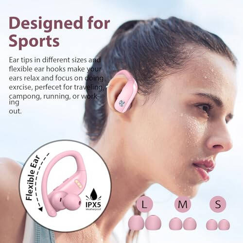 bmanl Wireless Earbuds Bluetooth Headphones 48hrs Play Back Sport Earphones with LED Display Over-Ear Buds with Earhooks Built-in Mic Headset for Workout Pink - 6