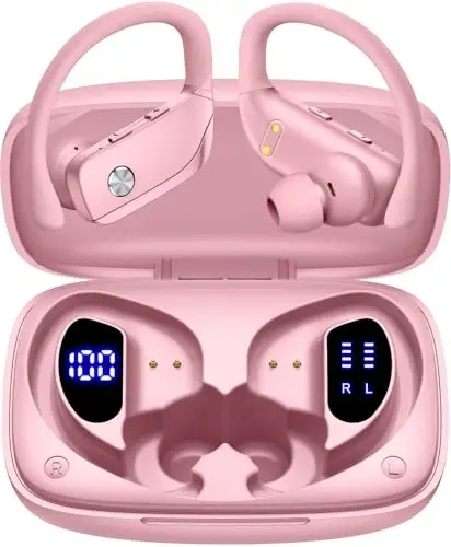 bmanl Wireless Earbuds Bluetooth Headphones 48hrs Play Back Sport Earphones with LED Display Over-Ear Buds with Earhooks Built-in Mic Headset for Workout Pink 