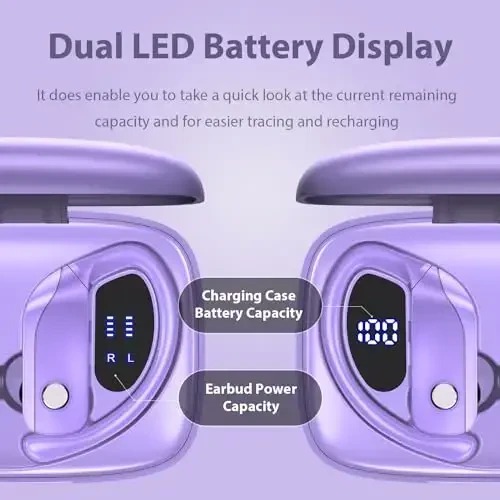 bmanl Wireless Earbuds Bluetooth Headphones 48hrs Play Back Sport Earphones with LED Display Over-Ear Buds with Earhooks Built-in Mic Headset for Workout Purple - 1