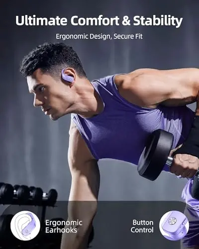 bmanl Wireless Earbuds Bluetooth Headphones 48hrs Play Back Sport Earphones with LED Display Over-Ear Buds with Earhooks Built-in Mic Headset for Workout Purple - 1