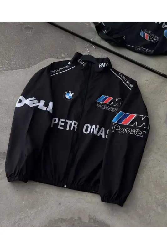 Bmw ///m Retro Uniseks Parashut Mato Oversize Raqamli Bosma Qora Shamol Qaytargich Yomg'ir Palto - To'q ko'k - 3