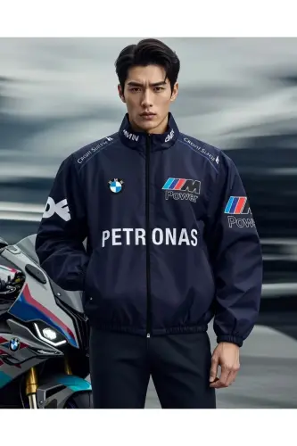 Bmw ///m Retro Unisex Parachute Fabric Oversize Digital Printed Black Windbreaker Raincoat-Navy Blue - LUSHEN (1)